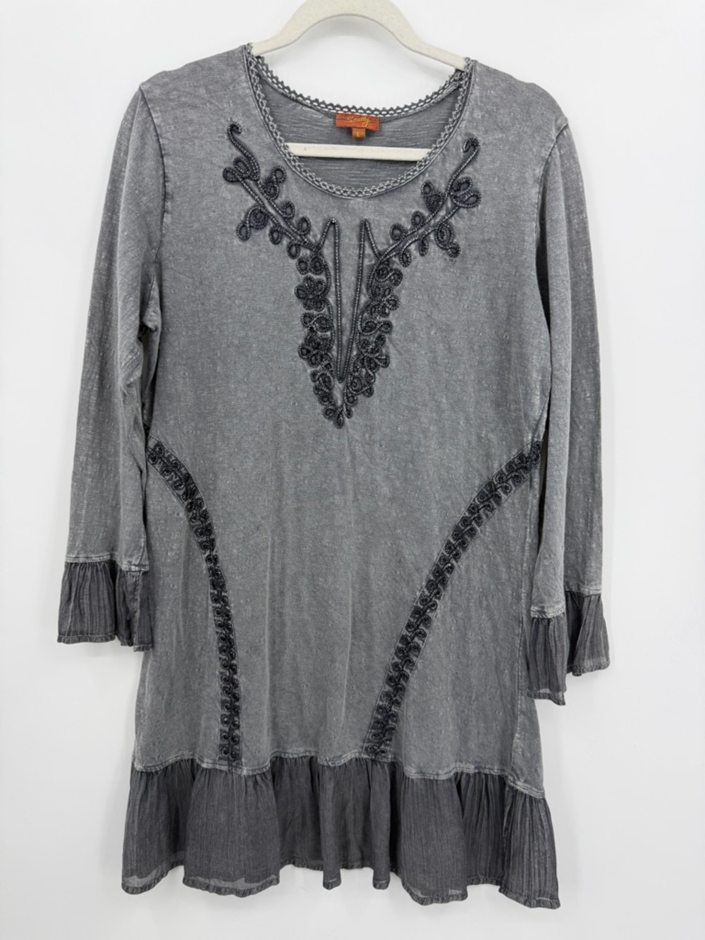 Scully Women's Sz L gray Embroidered Ruffled Hem & Cuffs tunic Dress